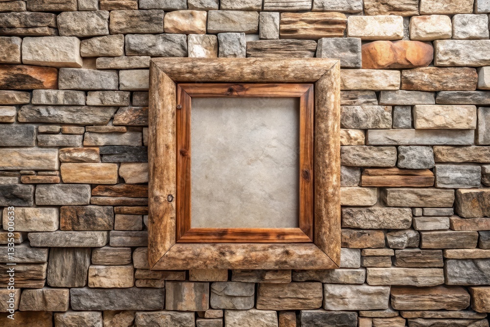 Rustic wooden frame with blank announcement board mounted on a natural stone wall Rustic wooden frame with blank announcement board mounted on a natural stone wall