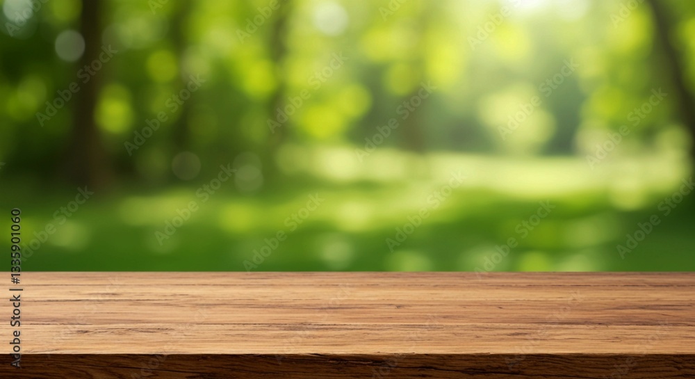 Blurred green forest background captures a natural warm setting with a sunlight flare behind a wooden tabletop in the foreground Blurred green forest background captures a natural warm setting with a sunlight flare behind a wooden tabletop in the foreground