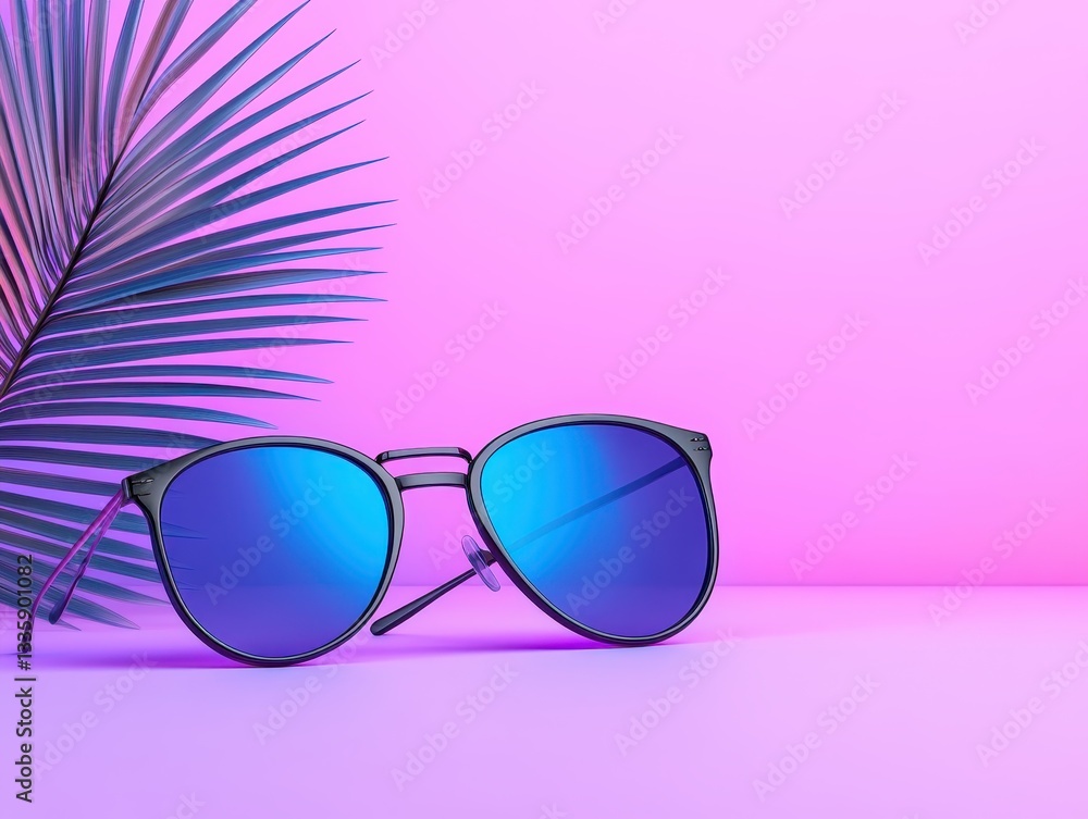 Stylish sunglasses resting on a pastel background with a palm leaf accent Stylish sunglasses resting on a pastel background with a palm leaf accent
