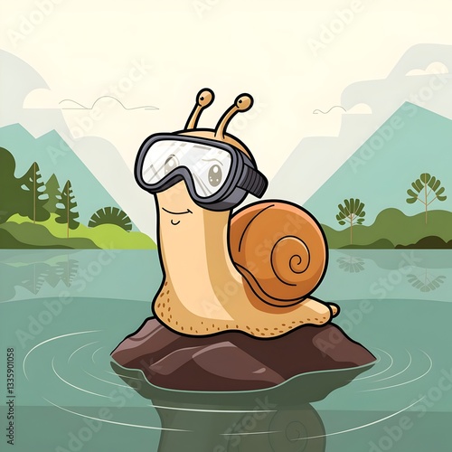 Snail cartoon character wearing swimming goggles on river.