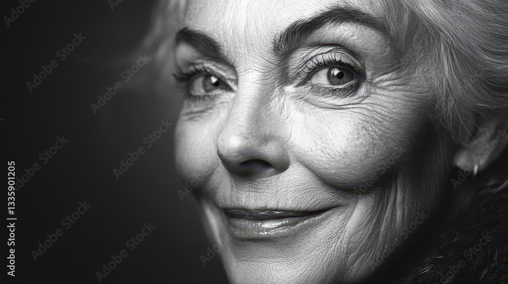 Close-up monochrome portrait of a smiling senior woman, showing wrinkles and age spots. Illustrates beauty, aging gracefully, and the passage of time. Close-up monochrome portrait of a smiling senior woman, showing wrinkles and age spots. Illustrates beauty, aging gracefully, and the passage of time.