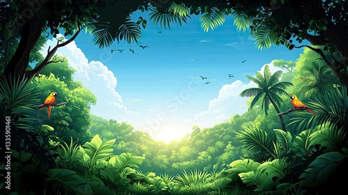 Lush Jungle Vista with Birds, Sunny Day