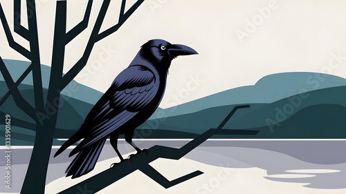 Crow on a branch overlooking hills and lake landscape.
