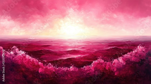 Pink sunset over rolling hills, peaceful landscape, art print