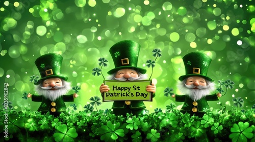 Leprechauns holding St. Patrick's Day sign, green bokeh background; holiday greeting card