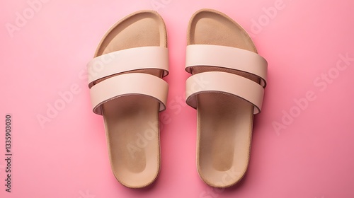 Wallpaper Mural Beige Leather Sandals on Pink Background, Minimal Summer Shoe Design Torontodigital.ca