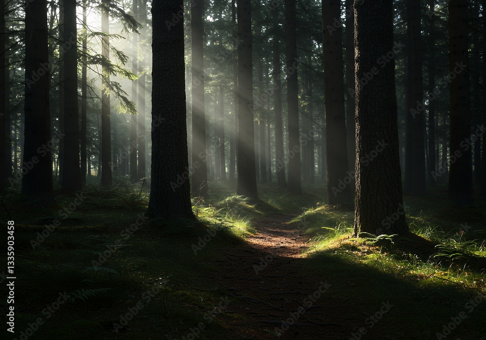 Obraz premium Misty Forest with Soft Sunlight