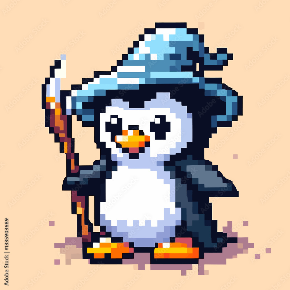 Obraz premium Illustration of cute penguins in the Arctic in a pixel cartoon kawaii vector style on a transparent isolated clipart background, perfect for design and creative projects.