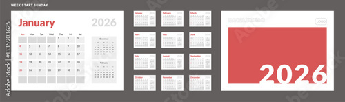 2026 Calendar Planner Set of Template Monthly Page and cover with Place for Photo, Company Logo. Vector layout grid of wall or desk calendar with week start Sunday for print. Page size A4 -21x29.7 cm