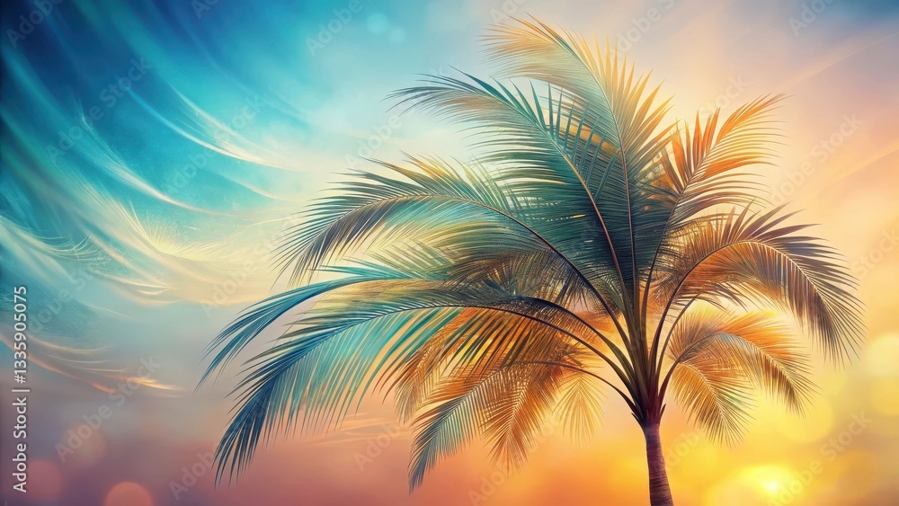 Serene Palm Tree Silhouette at Sunset, Bathed in Warm Golden Hues and Teal Sky Serene Palm Tree Silhouette at Sunset, Bathed in Warm Golden Hues and Teal Sky