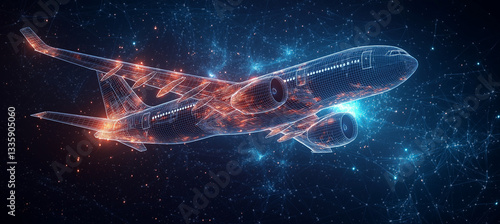 Geometric Digital Illustration of Airplane in Flight, Wireframe Design with Modern Technology and Network Connections on Dark Blue Background