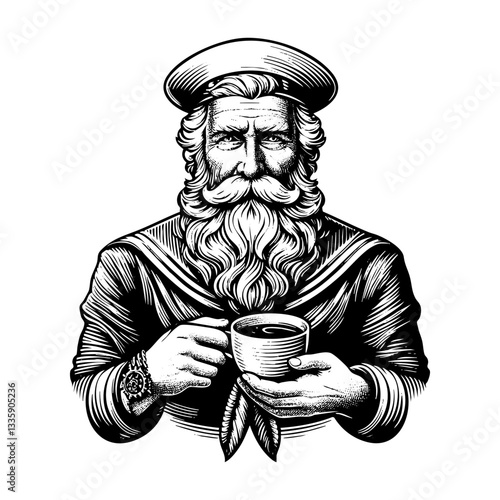 sailor holding cup of coffee  sketch engraving black and white outline. Scratch board imitation.