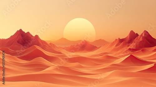 Sunset over red desert dunes and mountains. Background clear sky. Use landscape wallpaper