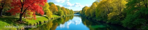 Scenic view of a pristine river winding its way through a vibrant forest in springtime, reflecting clear blue sky above, scenery, foliage