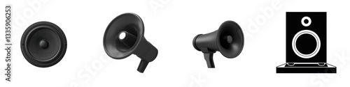 Sound system icons speaker, megaphone, and stereo isolated on white or transparent