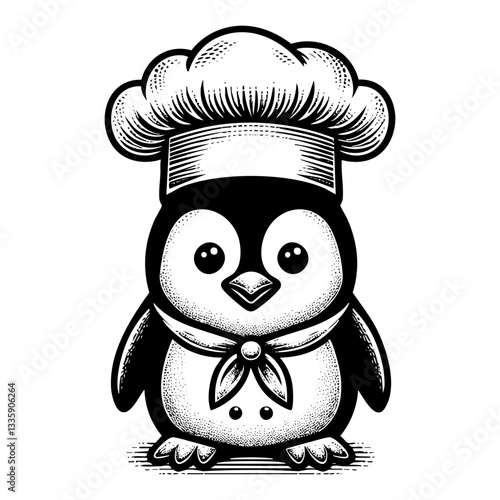Penguin wear chef hat sickle sketch engraving black and white outline. Scratch board imitation.