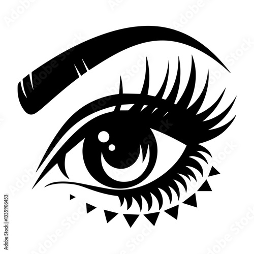 The image is a black-and-white stylized illustration of a human eye. It features bold eyeliner, long eyelashes, a thick eyebrow, and decorative triangular shapes below the eye, giving it an artistic a