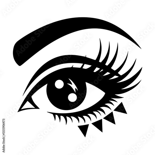 The image is a black-and-white stylized illustration of a human eye. It features bold eyeliner, long eyelashes, a thick eyebrow, and decorative triangular shapes below the eye, giving it an artistic a