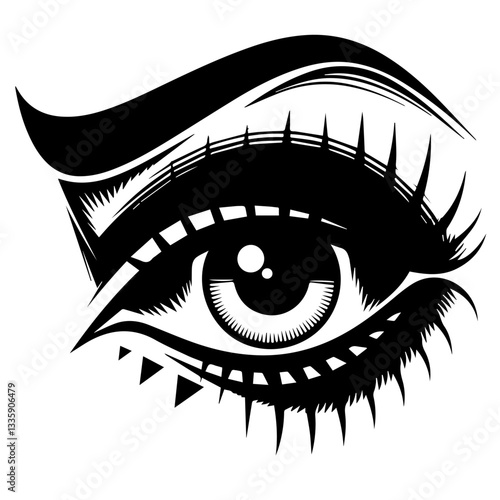 The image is a black-and-white stylized illustration of a human eye. It features bold eyeliner, long eyelashes, a thick eyebrow, and decorative triangular shapes below the eye, giving it an artistic a