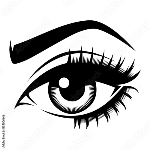 The image is a black-and-white stylized illustration of a human eye. It features bold eyeliner, long eyelashes, a thick eyebrow, and decorative triangular shapes below the eye, giving it an artistic a