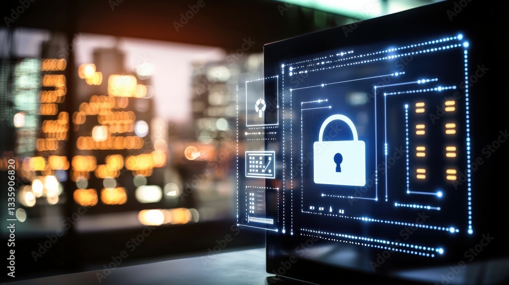 Digital security concept displayed on a futuristic computer screen. Digital security concept displayed on a futuristic computer screen.
