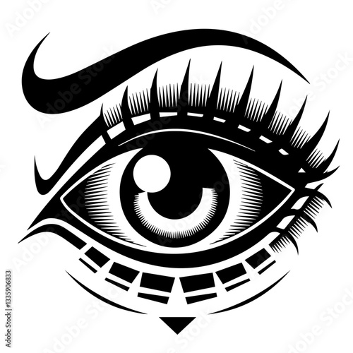 The image is a black-and-white stylized illustration of a human eye. It features bold eyeliner, long eyelashes, a thick eyebrow, and decorative triangular shapes below the eye, giving it an artistic a