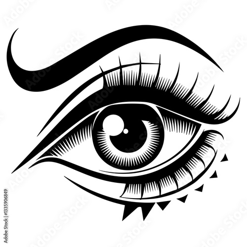The image is a black-and-white stylized illustration of a human eye. It features bold eyeliner, long eyelashes, a thick eyebrow, and decorative triangular shapes below the eye, giving it an artistic a