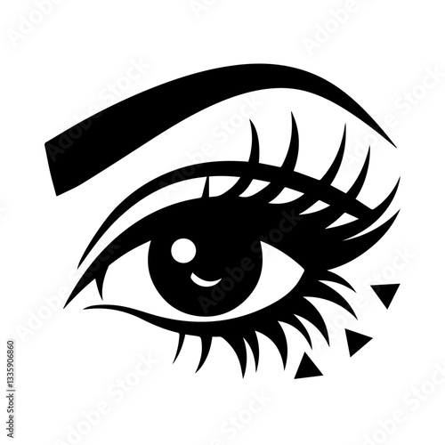 The image is a black-and-white stylized illustration of a human eye. It features bold eyeliner, long eyelashes, a thick eyebrow, and decorative triangular shapes below the eye, giving it an artistic a