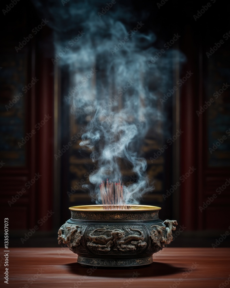 Incense burning ceremony ancient temple photography mysterious atmosphere close-up view cultural tradition Incense burning ceremony ancient temple photography mysterious atmosphere close-up view cultural tradition
