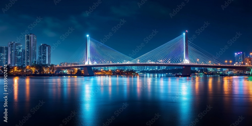 Cityscape at Night with Illuminated Cable-Stayed Bridge Cityscape at Night with Illuminated Cable-Stayed Bridge