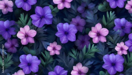 A vibrant floral pattern of purple and pink flowers on dark foliage