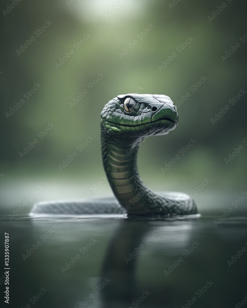 Fototapeta premium Mysterious water serpent emerges enchanted forest wildlife photography serene lake close-up mythical creatures