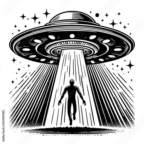 UFO kidnap human sketch engraving black and white outline. Scratch board imitation.