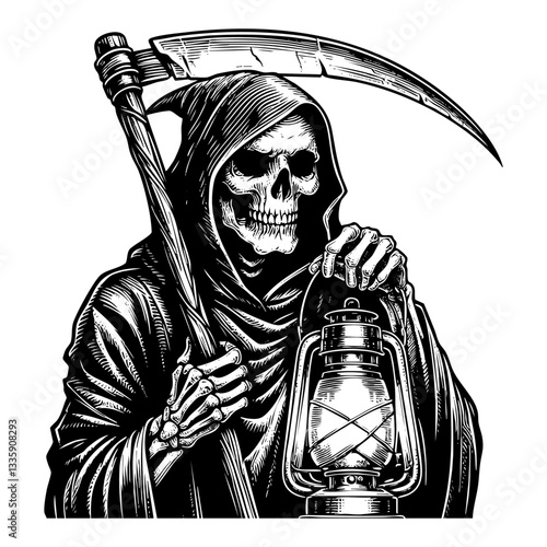 Grim reaper holding lantern sketch engraving black and white outline. Scratch board imitation.
