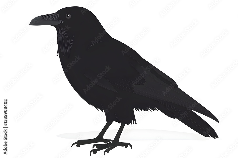 Fototapeta premium A detailed illustration of a majestic black raven perched majestically against a stark white background showcasing its sleek feathers and intense
