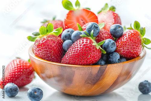 Fresh strawberries and blueberries in a bowl. Food photography for recipe websites