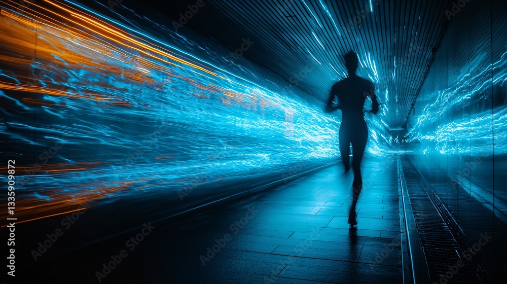 Energetic Runner Moving Through a Neon-Lit Tunnel with Abstract Light Trails in Background Energetic Runner Moving Through a Neon-Lit Tunnel with Abstract Light Trails in Background