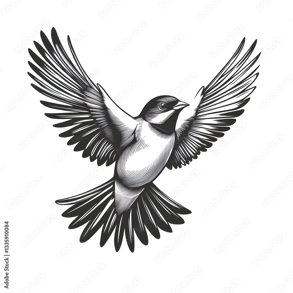 Obraz premium A detailed hand-drawn illustration of a bird in flight with wings outstretched against a white background showcasing intricate feather detail.