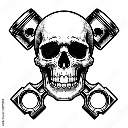 Skull with piston crossed sketch engraving black and white outline. Scratch board imitation.
