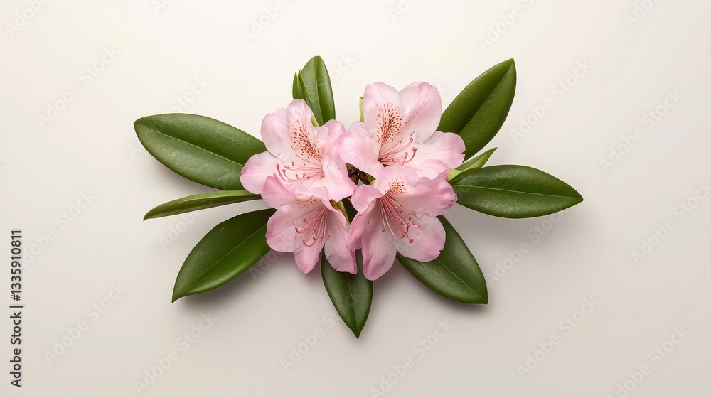 Fototapeta premium Pale Pink Rhododendron Blossoms and Green Leaves on Light Gray Background