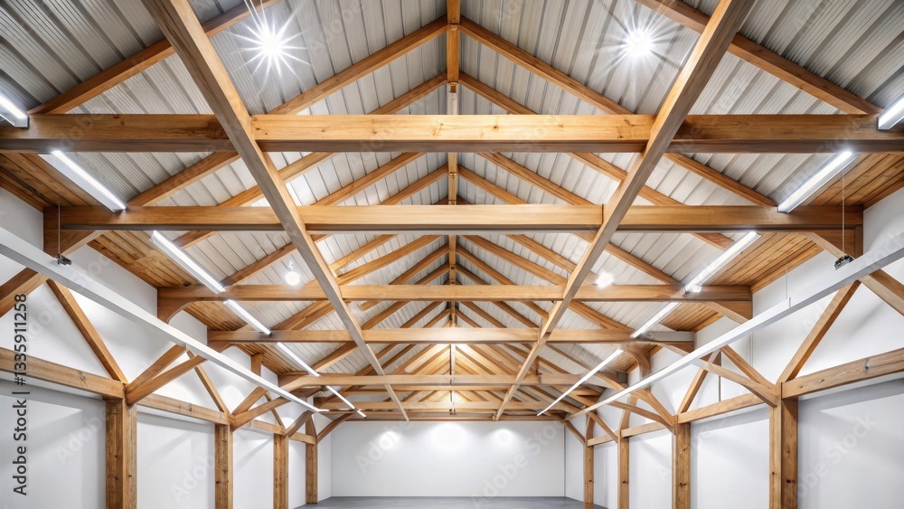 Architectural Interior Design A High-Ceiling Room with Exposed Wooden Beams and Modern Lighting Fixtures Architectural Interior Design A High-Ceiling Room with Exposed Wooden Beams and Modern Lighting Fixtures