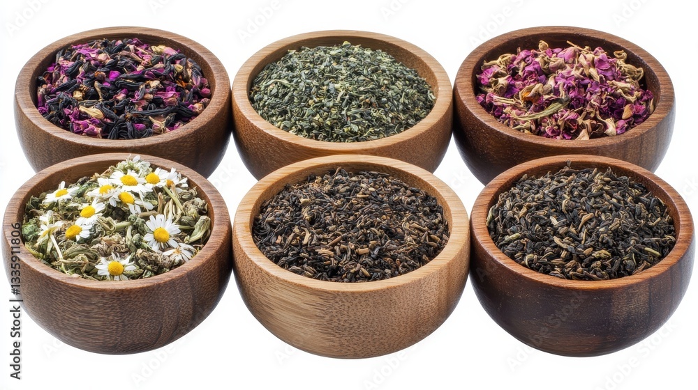 Six wooden bowls filled with various dried teas. Perfect for blogs, websites, or tea packaging showcasing diverse tea blends. Six wooden bowls filled with various dried teas. Perfect for blogs, websites, or tea packaging showcasing diverse tea blends.