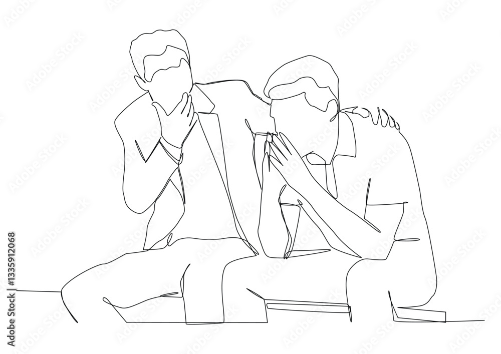 Continuous one line art of man comforts another crying man, concept of man consoles friend, emotional support, empathy, kindness, openness, responsiveness.
Continuous one line art of man comforts another crying man, concept of man consoles friend, emotional support, empathy, kindness, openness, responsiveness.