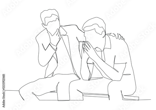 Continuous one line art of man comforts another crying man,  concept of man consoles friend, emotional support, empathy, kindness, openness, responsiveness. 
