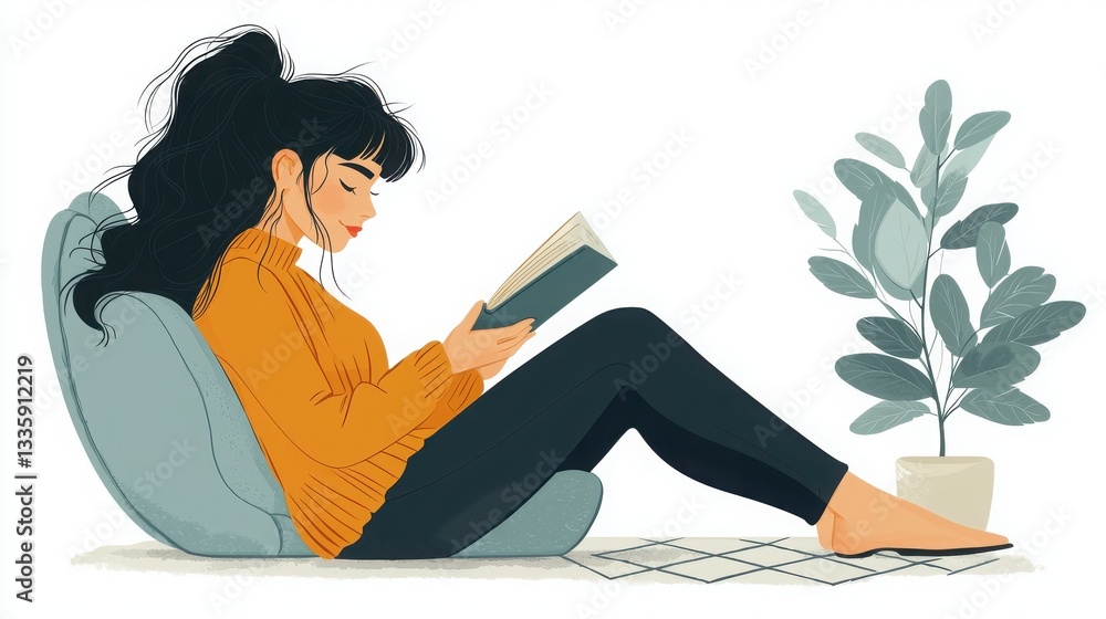 Obraz premium A woman relaxes in a cozy chair, reading a book with a plant nearby, conveying a serene and comfortable atmosphere.