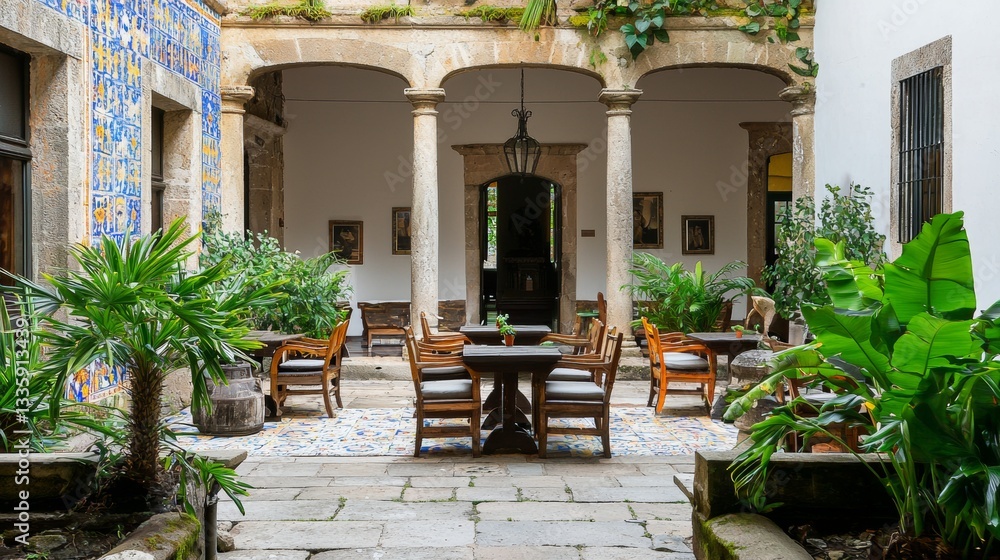 Obraz premium Portuguese courtyard with colorful azulejo tiles, rustic furniture, and lush plants. --chaos 20 --ar 16:9 --quality 2 --v 6.1 Job ID: e74195ad-0bcd-402f-94cb-1862af22e8b4