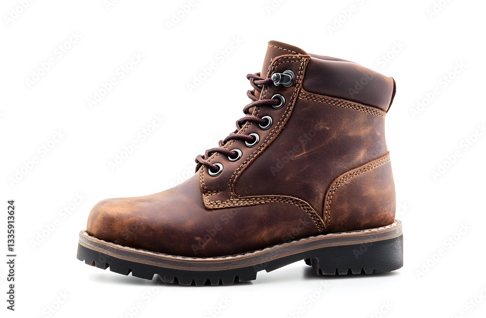 A Brown Leather Boot with Laces and a Rugged Sole A Brown Leather Boot with Laces and a Rugged Sole