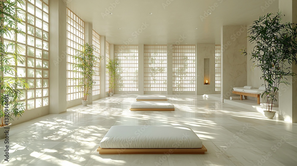 Fototapeta premium Relaxing Zen Interior Design with Natural Light, Minimalist Style, and Tranquil Atmosphere for Wellness