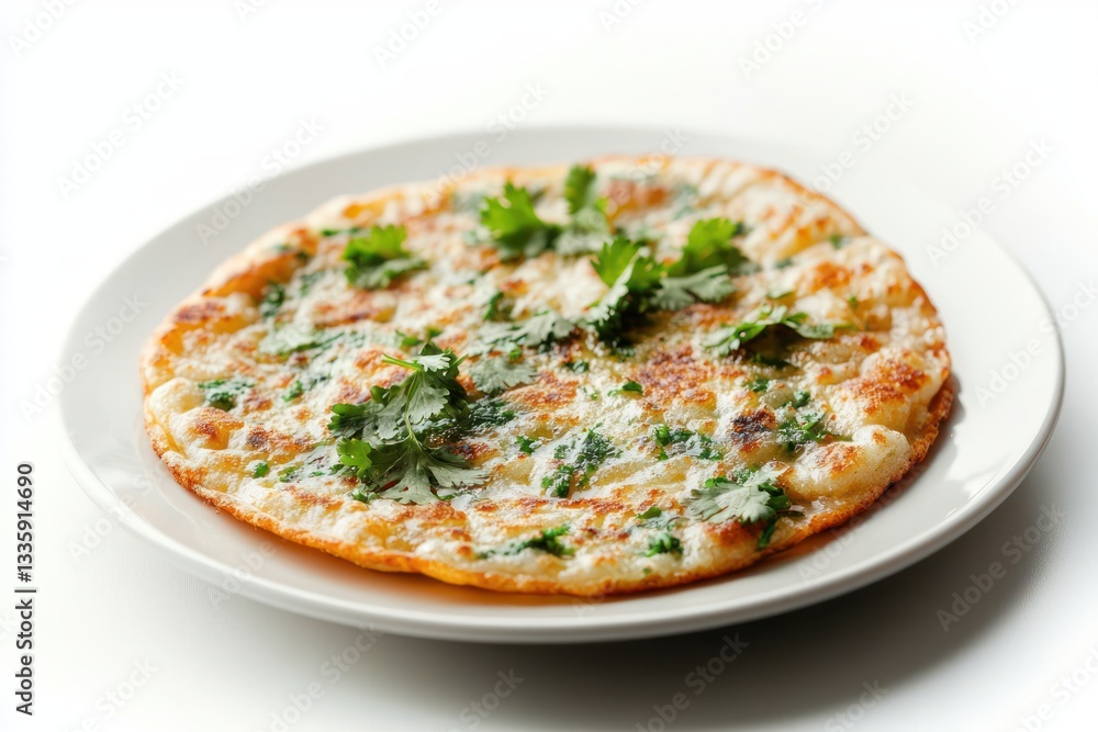 Golden flatbread with fresh cilantro resting on a white plate against a clean bright background Golden flatbread with fresh cilantro resting on a white plate against a clean bright background