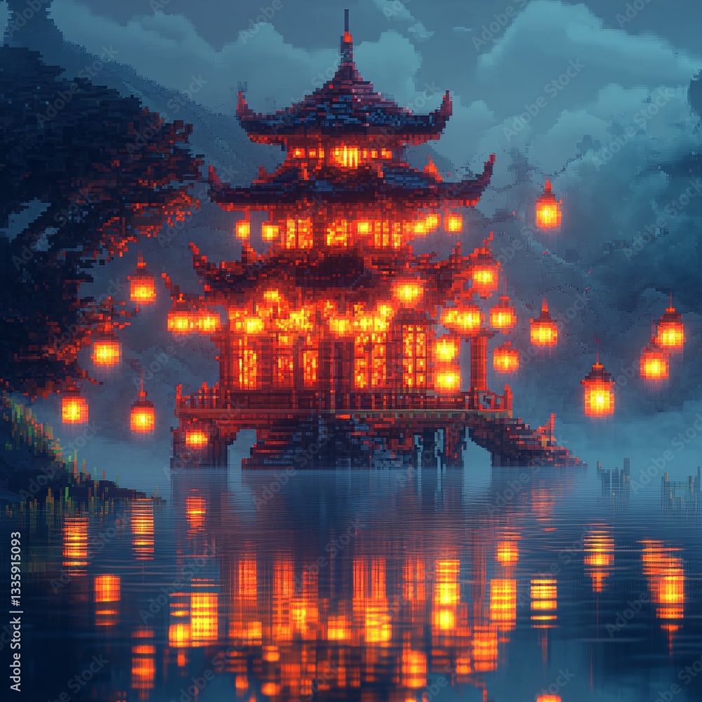 Obraz premium Pixel art sticker logo of a pixelized floating temple with digital lanterns